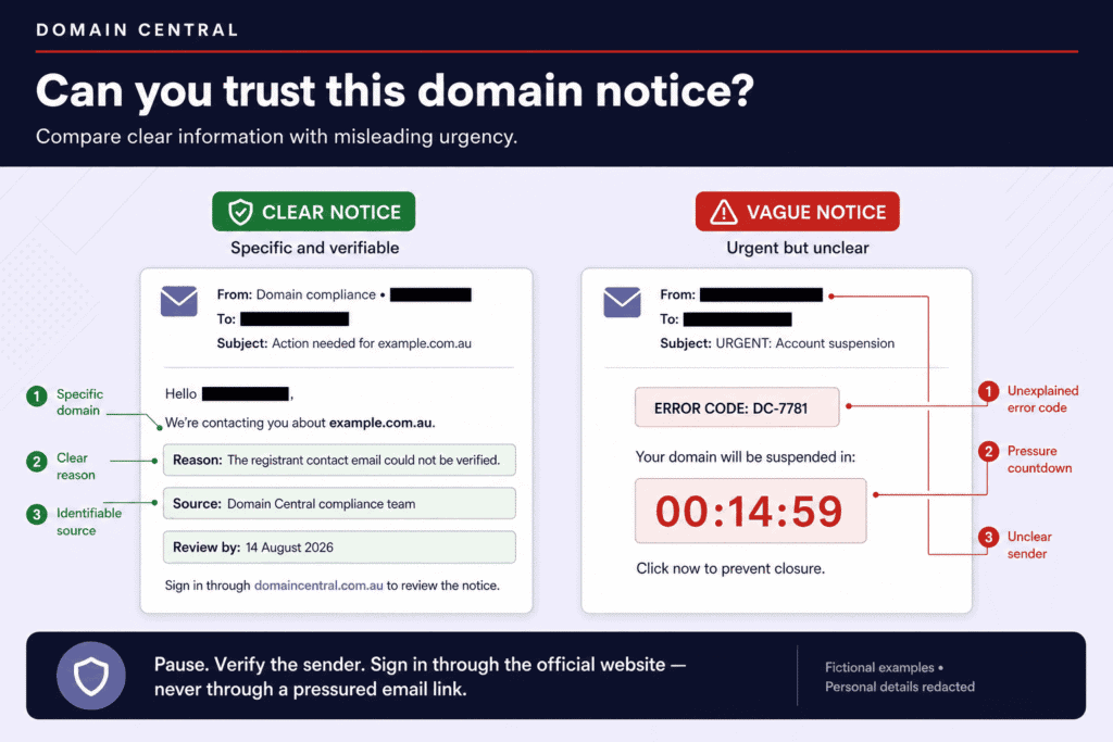 Comparison of a clear domain compliance notice and a vague, misleading one