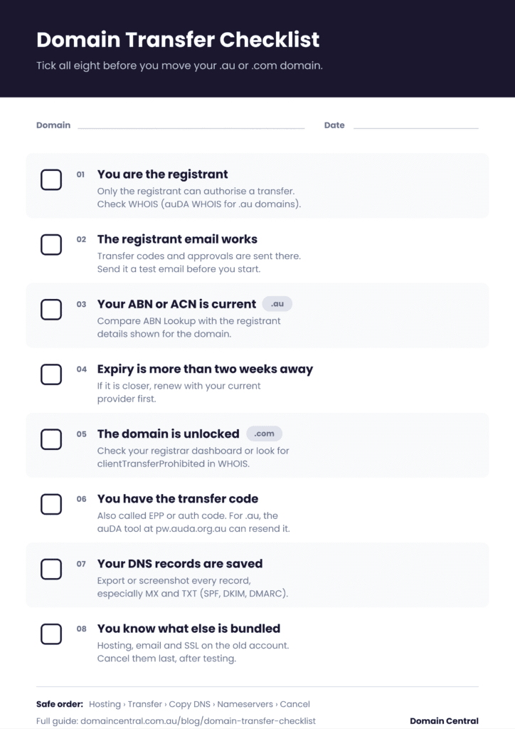 Printable 8 point domain transfer checklist